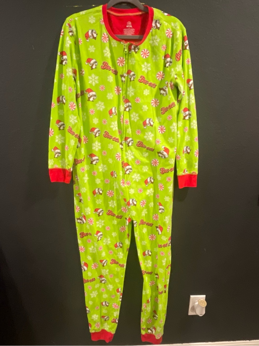 Holiday-Print Green Women’s One-Piece Pajama Jumpsuit with Red Trim